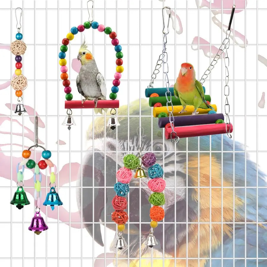 Vibrant Parrot Playtime Set - 13 Fun Bird Toys Including Swing, Perch, Bell & Hammock - Perfect for Parakeets!