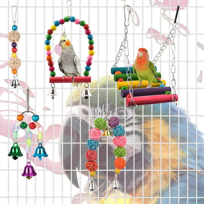 Vibrant Parrot Playtime Set - 13 Fun Bird Toys Including Swing, Perch, Bell & Hammock - Perfect for Parakeets!