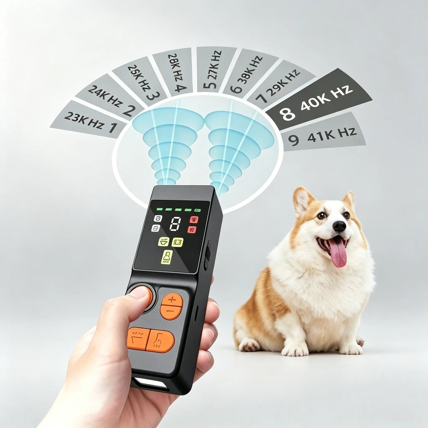 Ultrasonic Dog Repeller & Trainer - 4-Head Anti-Bark Device with 9 Adjustable Frequencies, LED Flashlight & Rechargeable Battery for Effective Outdoor Pet Behavior Correction