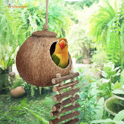 Natural Coconut Hideaway with Ladder - Perfect Toy for Birds and Small Animals!
