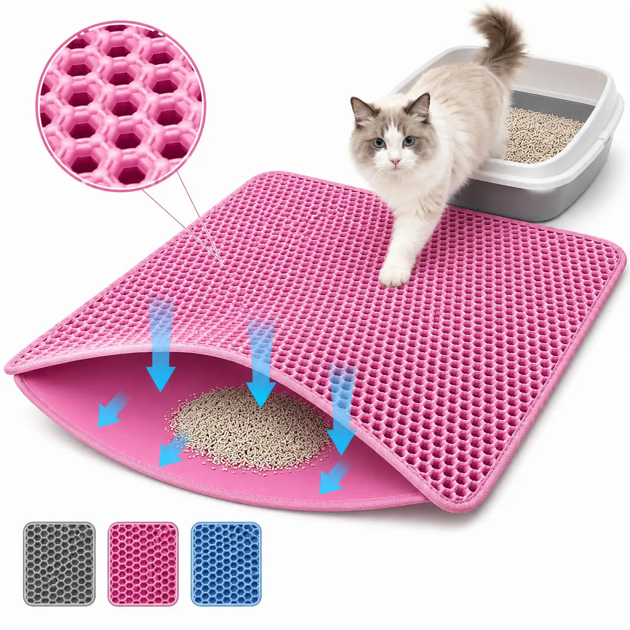 Large Pink Cat Litter Mat - Waterproof Double Layer Honeycomb Design for Effective Litter Trapping, Non-Slip, 35x24 Inches, Perfect for Cat Supplies