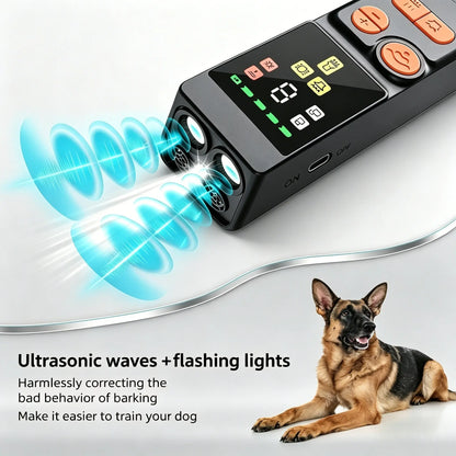 Ultrasonic Dog Repeller & Trainer - 4-Head Anti-Bark Device with 9 Adjustable Frequencies, LED Flashlight & Rechargeable Battery for Effective Outdoor Pet Behavior Correction