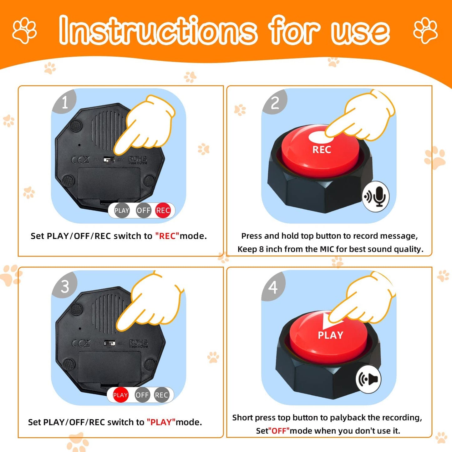Dog Communication Buttons – 4 Recordable Talking Buttons with 25 Stickers  