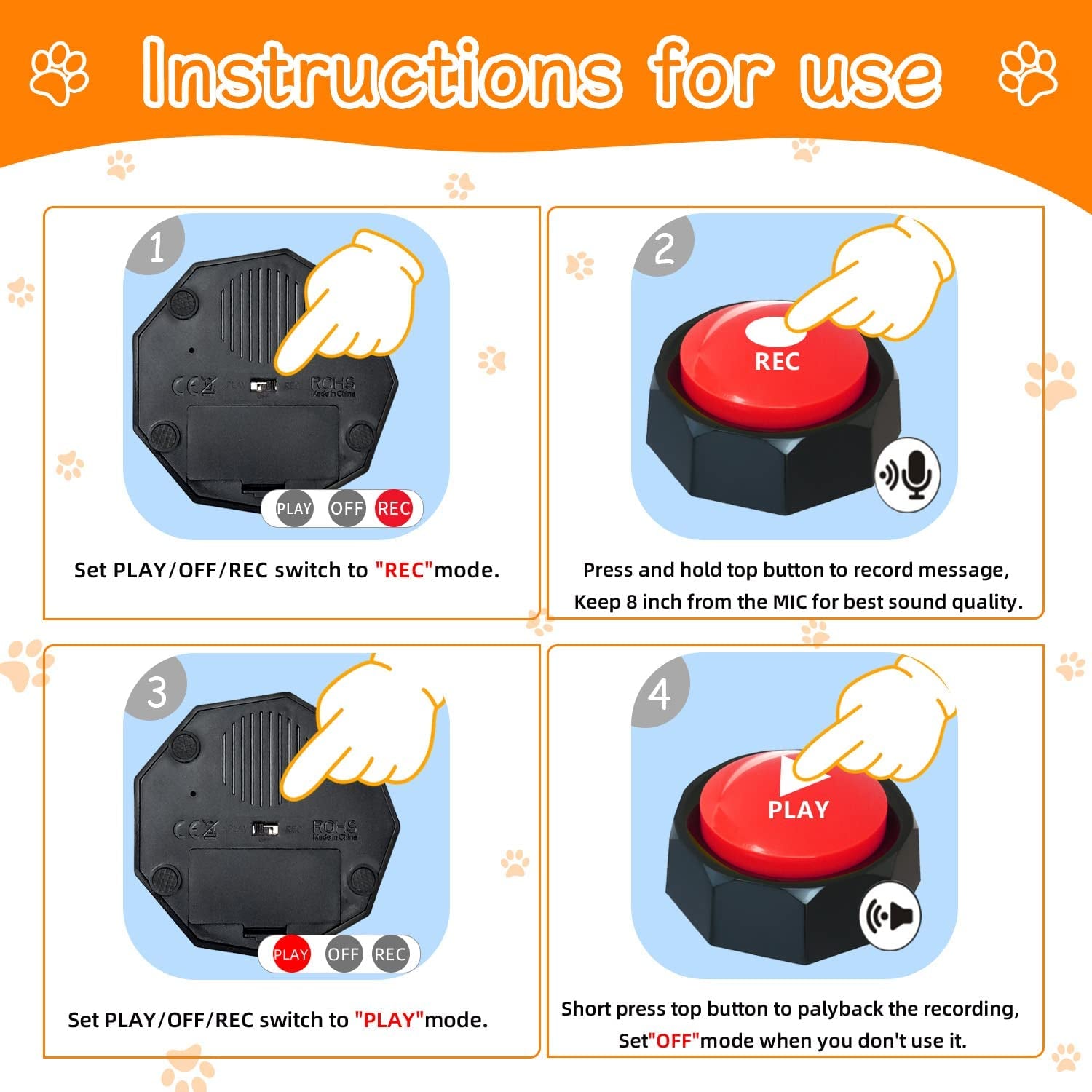 Dog Communication Buttons – 4 Recordable Talking Buttons with 25 Stickers  