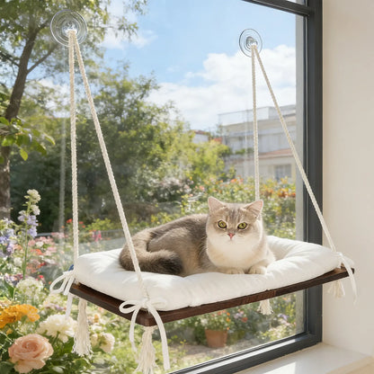 Stylish Solid Wood Cat Window Perch with Washable Cushion - Ultimate Comfort for Cats & Small Dogs!