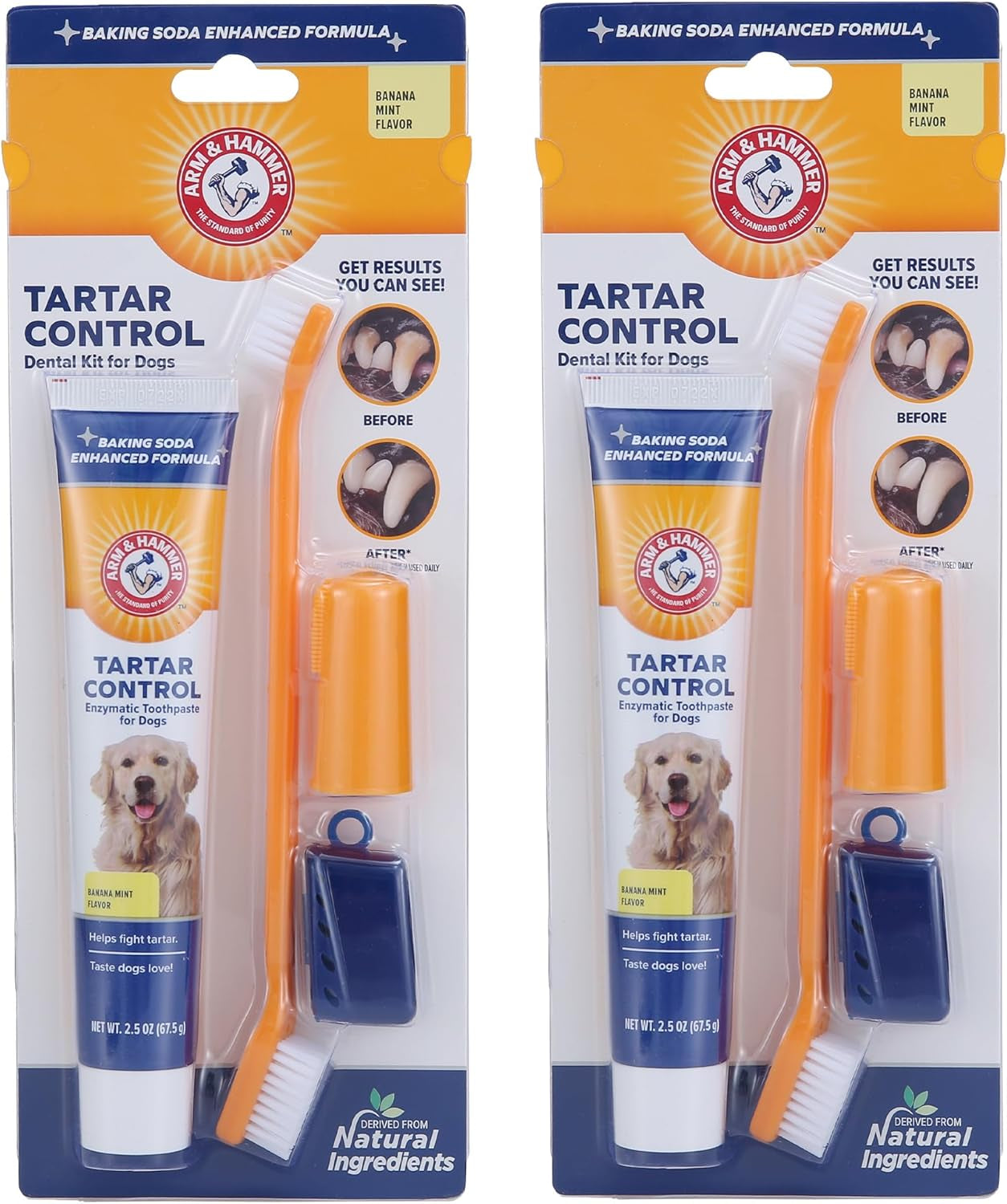 Tartar Control Dog Dental Care Kit - Banana Mint Toothpaste with Baking Soda, Double-Sided Toothbrush & Finger Brush - 3-Piece Set, 2.5 Oz