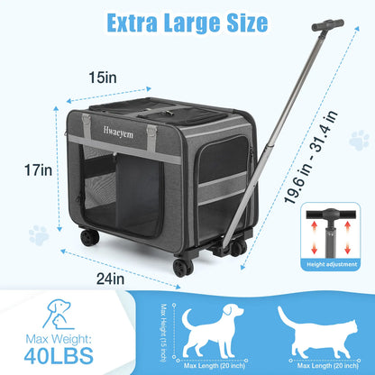 Extra Large Rolling Pet Carrier - Adjustable Height, Airline Approved, Holds Up to 40lbs - Stylish Soft-Sided Black Mesh Travel Bag for Cats & Small Dogs