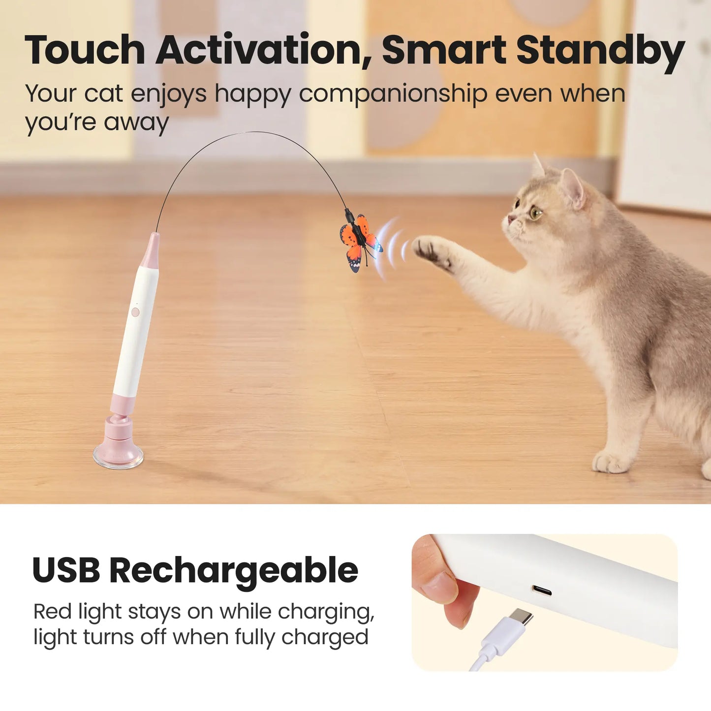 Potaroma Interactive Non-Toxic Butterfly Cat Wand - Electric Spinning Toy with Rechargeable USB, Suction Cup, and Self-Play Modes for Endless Fun!