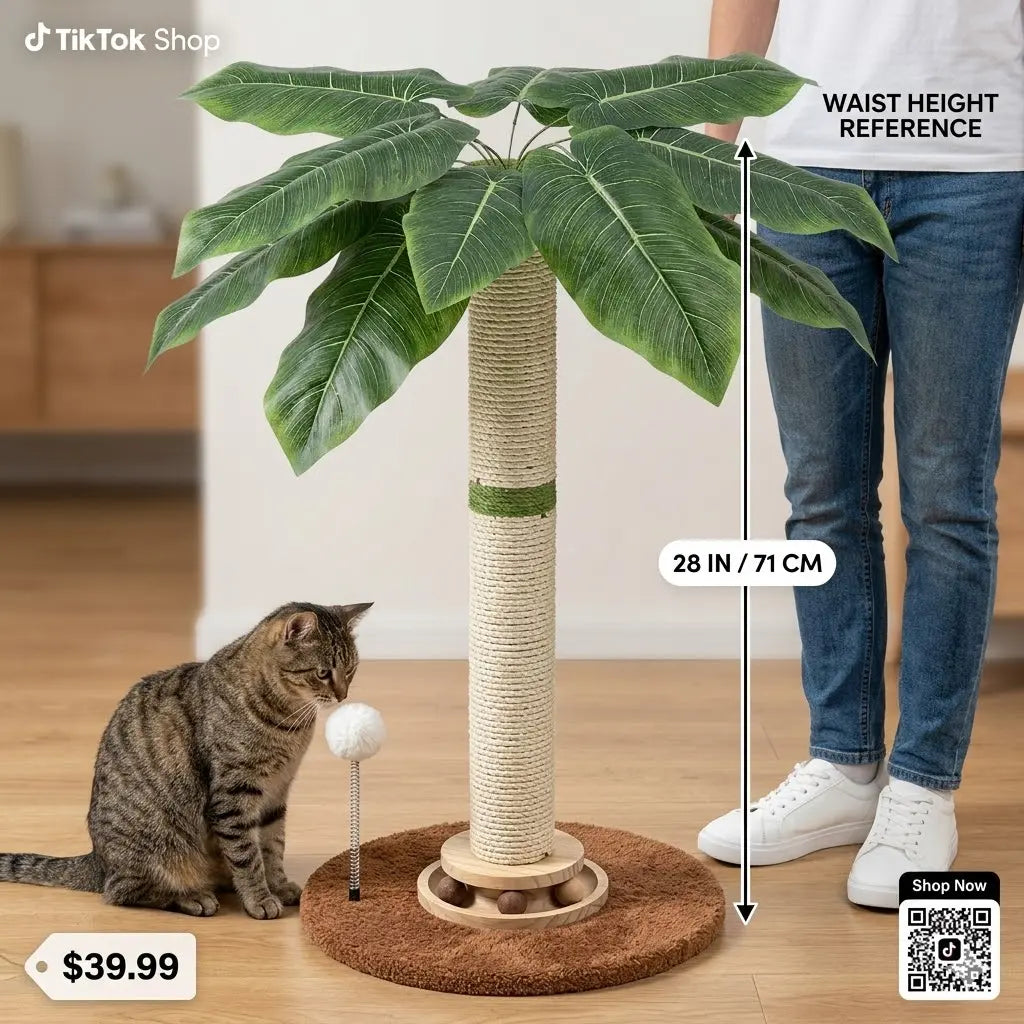 Tropical Leaf Cat Scratching Post - 28” Natural Sisal Rope & Solid Wood, Adorable Cat Tree with Dangling Toy for Safe Indoor Scratching for Kittens & Adults
