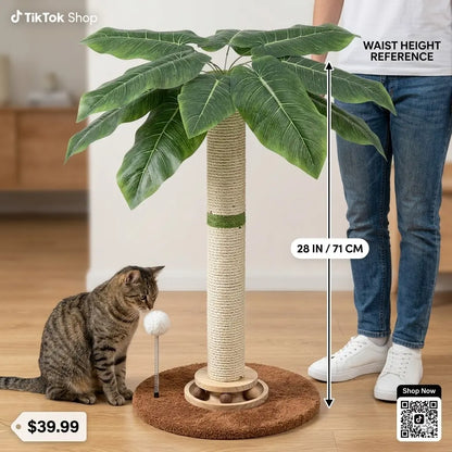 Tropical Leaf Cat Scratching Post - 28” Natural Sisal Rope & Solid Wood, Adorable Cat Tree with Dangling Toy for Safe Indoor Scratching for Kittens & Adults