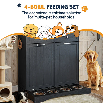 Elevate Mealtime with the Summervibes Engineered Wood Pet Feeding Station - Stylish Cabinet with Dual Tiltable Doors & 4 Bowls for Instant Access