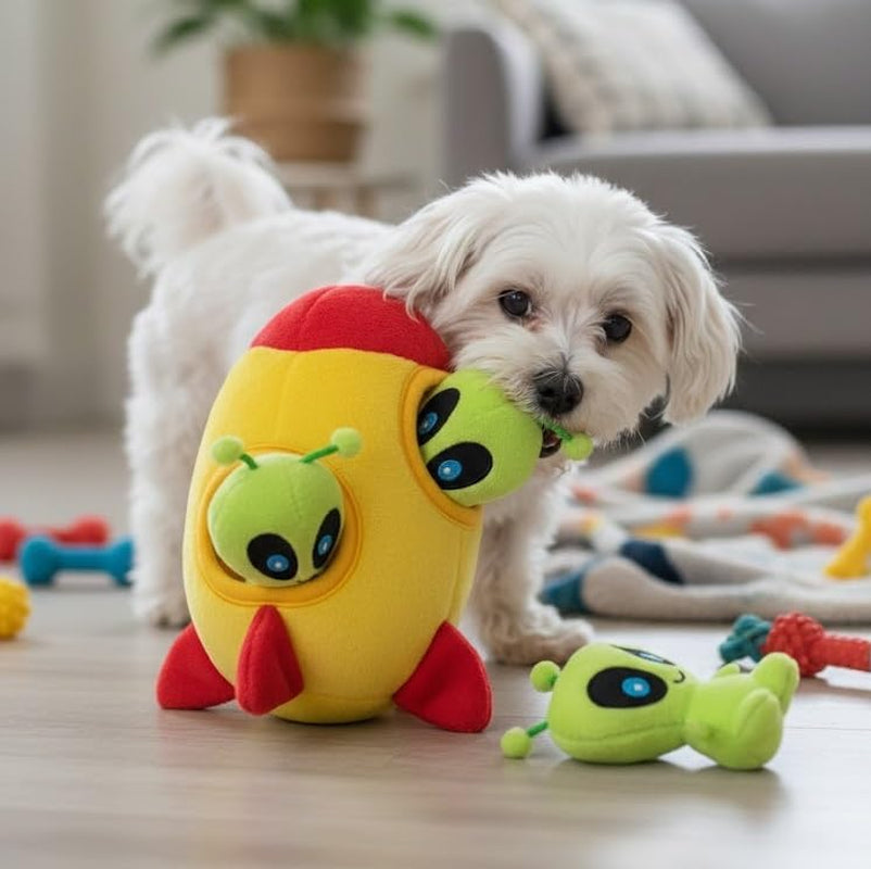 Alien Hide‑&‑Seek Dog Toy 🚀👽 Squeaky Plush Puzzle Spaceship w/ Treat Slot
