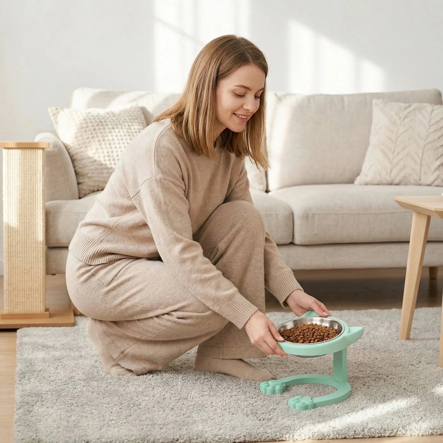 Elevated Stainless Steel Cat Bowl with Anti-Slip Stand - Whisker Friendly Feeder for Senior Cats and Small Puppies - Easy Clean & Portable Design