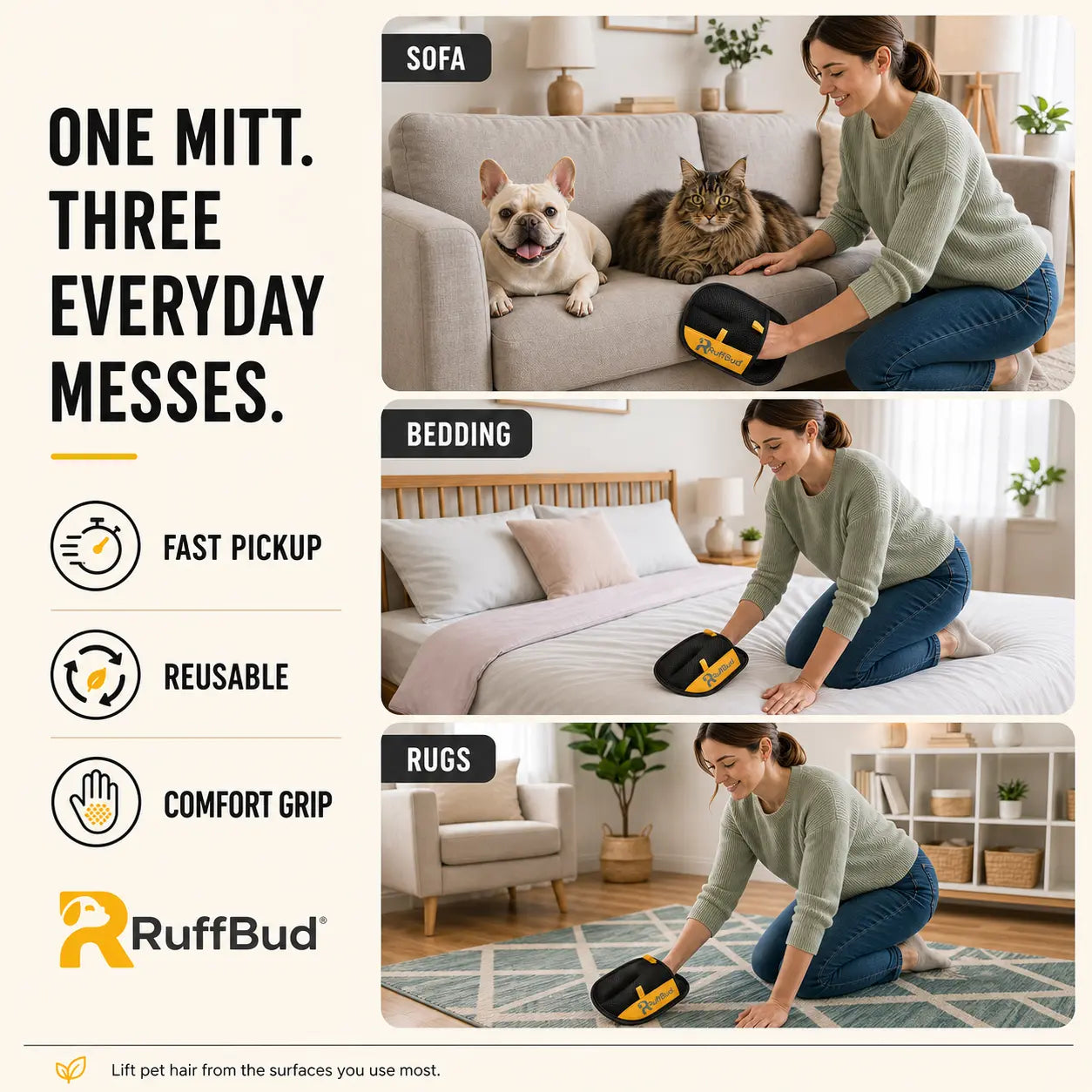Ruffbud Reusable Pet Hair Removal Gloves – Effortless Grooming Mitts for Dogs & Cats, Perfect for Fabric Cleaning and Daily Household Use!