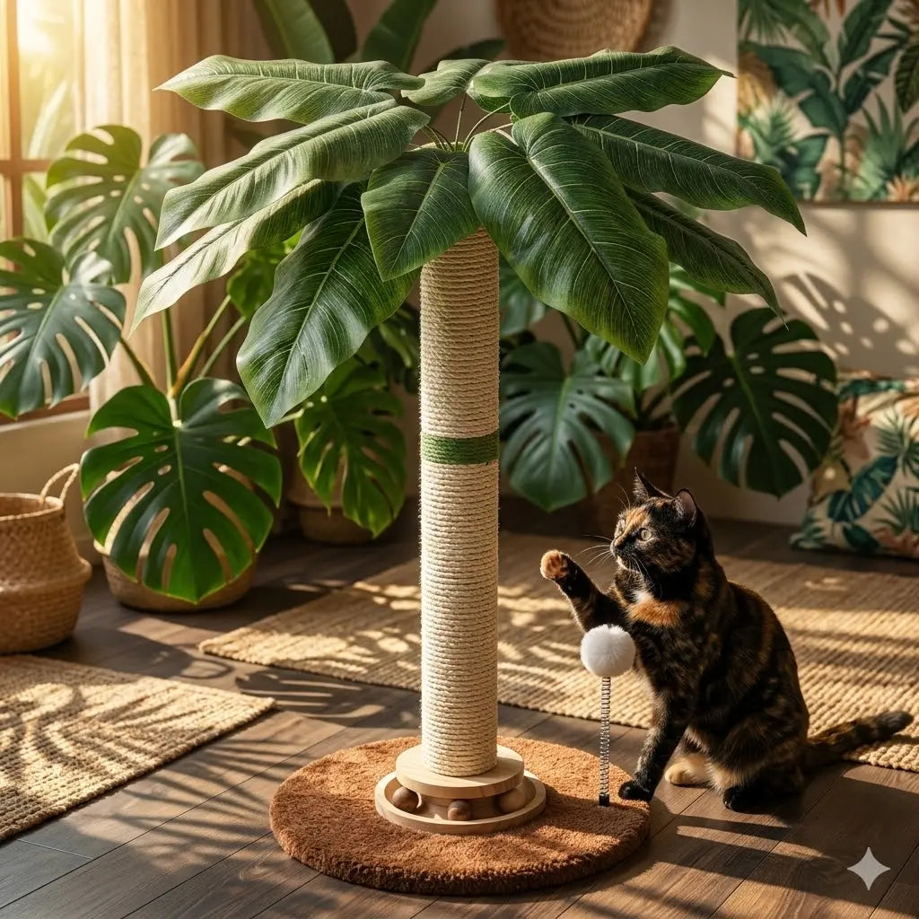 Tropical Leaf Cat Scratching Post - 28” Natural Sisal Rope & Solid Wood, Adorable Cat Tree with Dangling Toy for Safe Indoor Scratching for Kittens & Adults