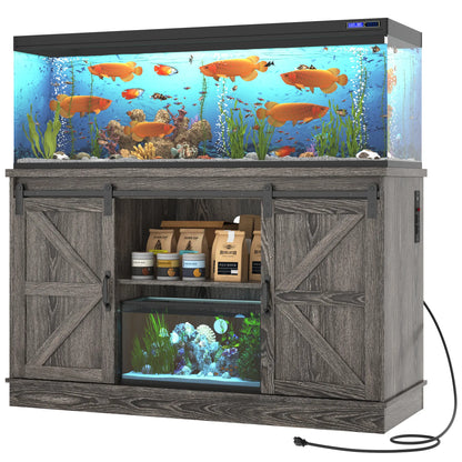 Stylish Farmhouse Aquarium Stand with Power Outlet - Heavy Duty 20 to 120 Gallon Fish Tank & Reptile Tank Cabinet with Sliding Barn Door in White, Grey, or Black