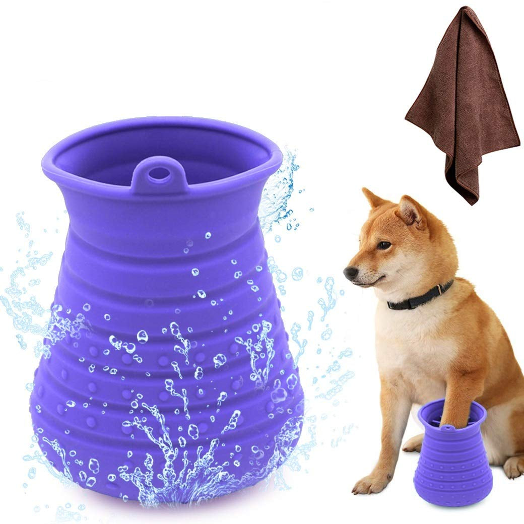 Portable Dog Paw Cleaner Cup with Towel - Pro Pet Foot Washer & Massager for Clean Claws (Purple)