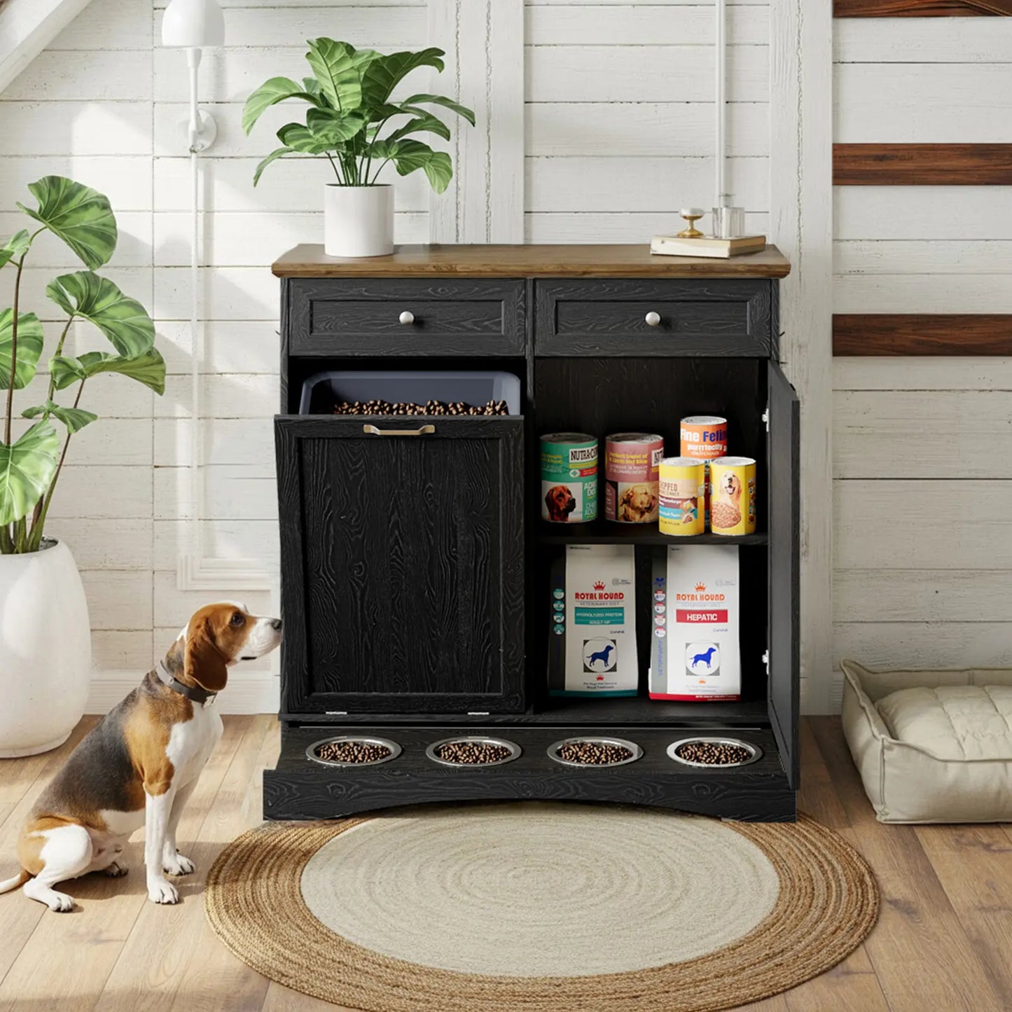 Elevate Mealtime with the Summervibes Engineered Wood Pet Feeding Station - Stylish Cabinet with Dual Tiltable Doors & 4 Bowls for Instant Access