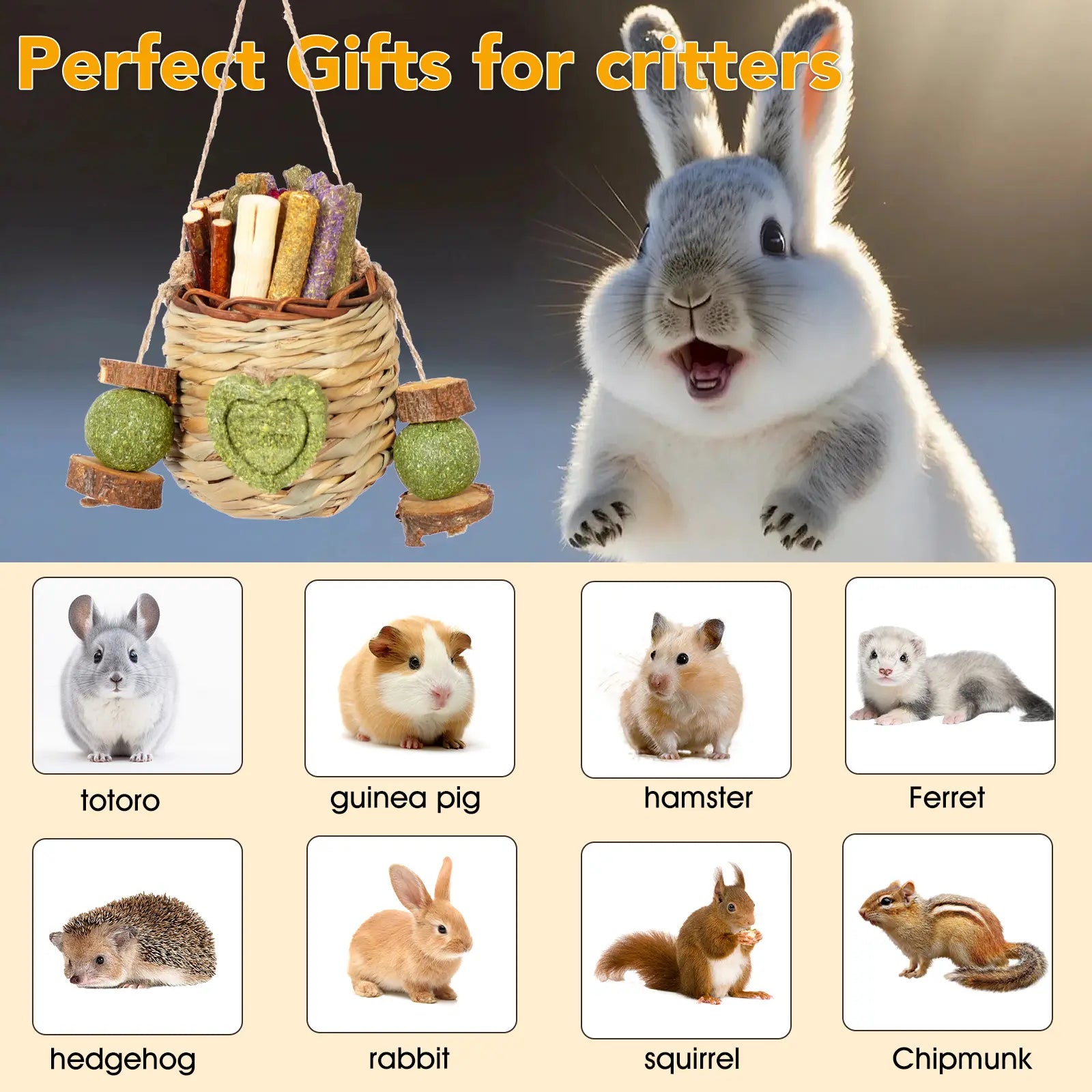 Delightful Rabbit Chew Toys Basket with Sweet Bamboo & Timothy Hay - Perfect for Bunnies, Chinchillas, Guinea Pigs, Hamsters, and Rats!