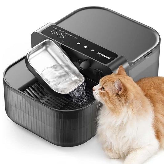 Oneisall Filterless Cat Water Fountain - 3.5L Stainless Steel Automatic Dispenser with Cordless Design & Scheduled Water Change - 64-113 Days Battery Life, Easy to Clean - Perfect for Pet Lovers!