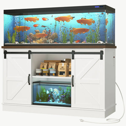 Stylish Farmhouse Aquarium Stand with Power Outlet - Heavy Duty 20 to 120 Gallon Fish Tank & Reptile Tank Cabinet with Sliding Barn Door in White, Grey, or Black