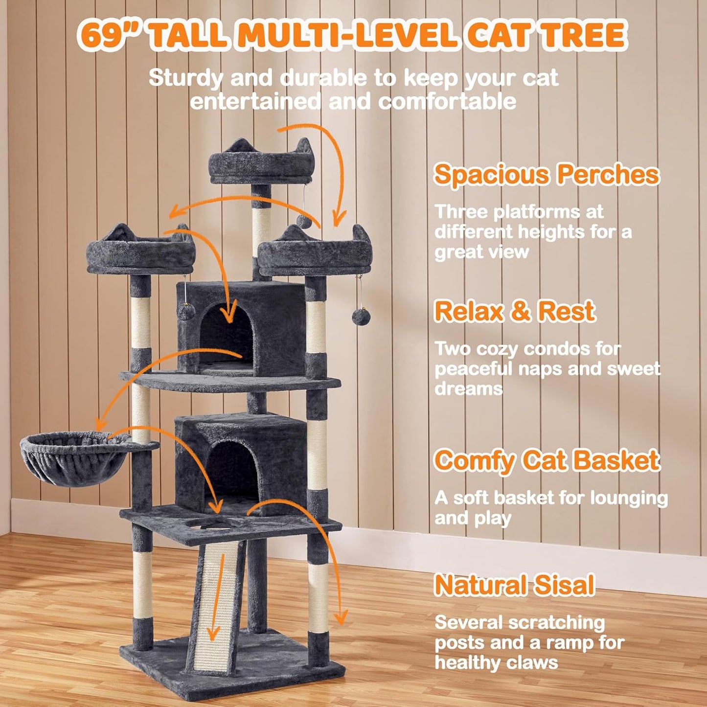 Yaheetech 68.5" Large Cat Tree Tower - Stable Multi-Level Cat House with 3 Wide Perches, Spacious Condo, and Sisal-Covered Scratching Posts - Dark Gray