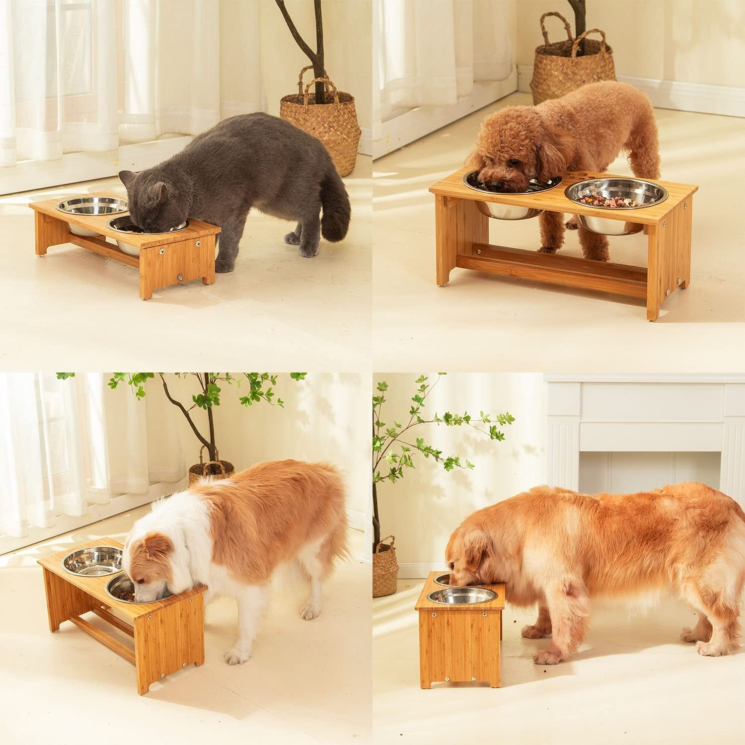 Elevated Bamboo Dog Feeder 🍽️🐾 Raised Stand w/ 2 Stainless Bowls – Anti‑Slip