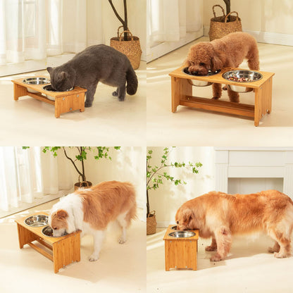 Elevated Bamboo Dog Feeder 🍽️🐾 Raised Stand w/ 2 Stainless Bowls – Anti‑Slip