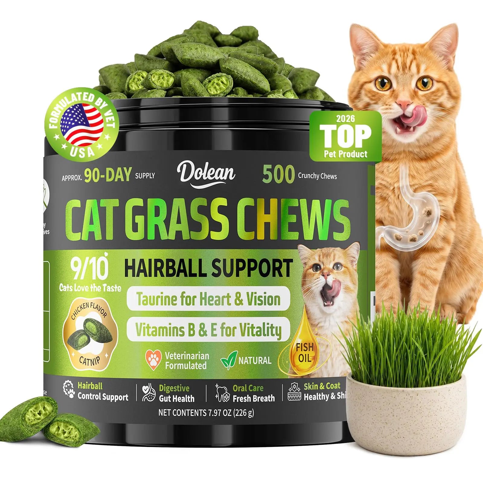 Dolean Cat Grass Chews - Crunchy Chicken Flavor Snack for Hairball Control & Digestive Health, 500 Grain-Free Treats with Essential Vitamins, Fish Oil & Taurine for Healthy Skin, Coat & Teeth