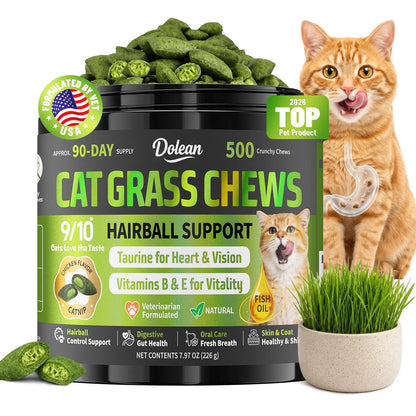 Dolean Cat Grass Chews - Crunchy Chicken Flavor Snack for Hairball Control & Digestive Health, 500 Grain-Free Treats with Essential Vitamins, Fish Oil & Taurine for Healthy Skin, Coat & Teeth