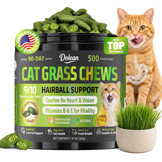 Dolean Cat Grass Chews - Crunchy Chicken Flavor Snack for Hairball Control & Digestive Health, 500 Grain-Free Treats with Essential Vitamins, Fish Oil & Taurine for Healthy Skin, Coat & Teeth