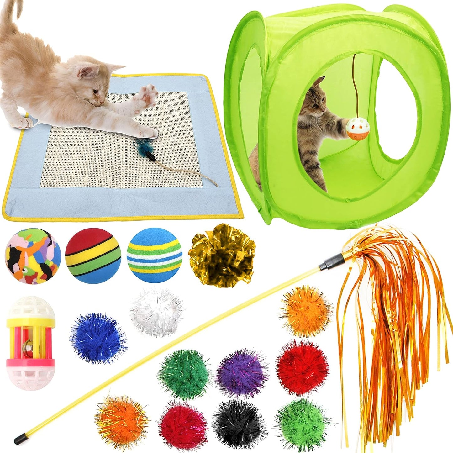 🐾🎉 18‑Piece Cat Toy Assortment — Teaser Wand, Bell Toys, Sparkle Balls & Hide‑and‑Seek Fun