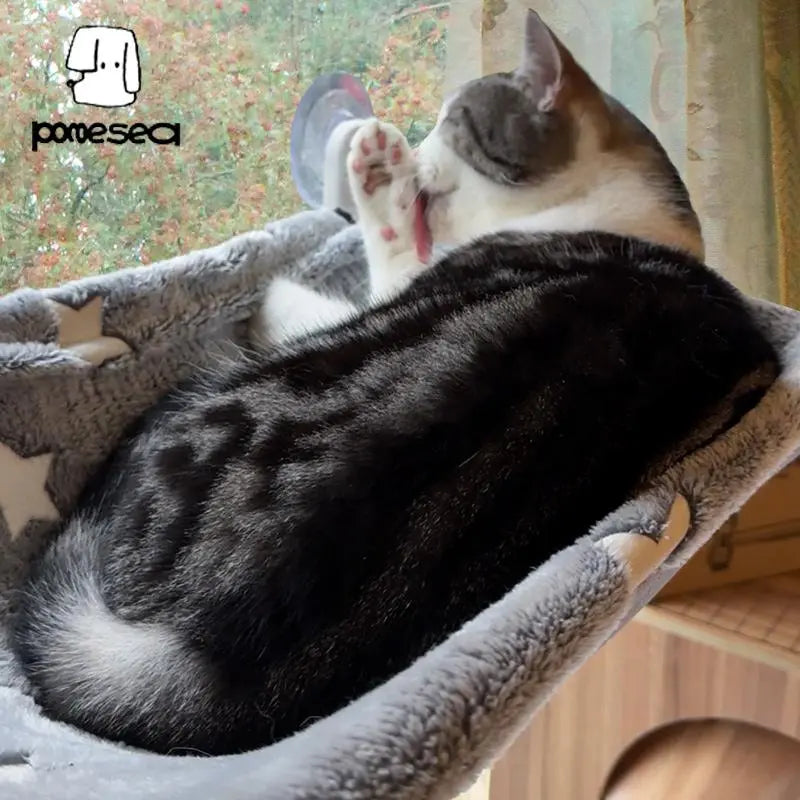 POMESEA Glow-in-the-Dark Cat Window Perch - Foldable Sunbathing Hammock with Hook Design for Large Cats