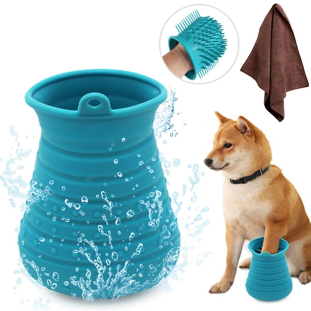 Portable Dog Paw Cleaner Cup with Towel - Pro Pet Foot Washer & Massager for Clean Claws (Purple)
