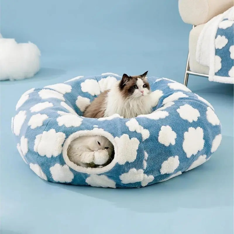 Cozy Cute Pet Tunnel Bed with Blanket - Plush Peek-A-Boo Cave for Dogs & Cats of All Sizes