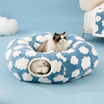 Cozy Cute Pet Tunnel Bed with Blanket - Plush Peek-A-Boo Cave for Dogs & Cats of All Sizes