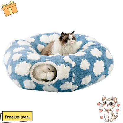 Cozy Cute Pet Tunnel Bed with Blanket - Plush Peek-A-Boo Cave for Dogs & Cats of All Sizes