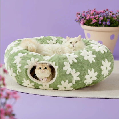 Cozy Cute Pet Tunnel Bed with Blanket - Plush Peek-A-Boo Cave for Dogs & Cats of All Sizes