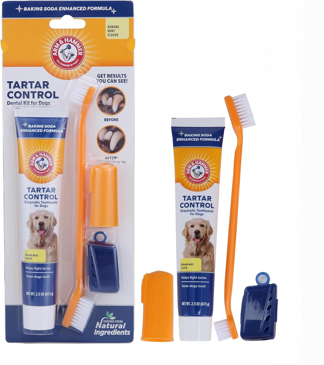 Tartar Control Dog Dental Care Kit - Banana Mint Toothpaste with Baking Soda, Double-Sided Toothbrush & Finger Brush - 3-Piece Set, 2.5 Oz