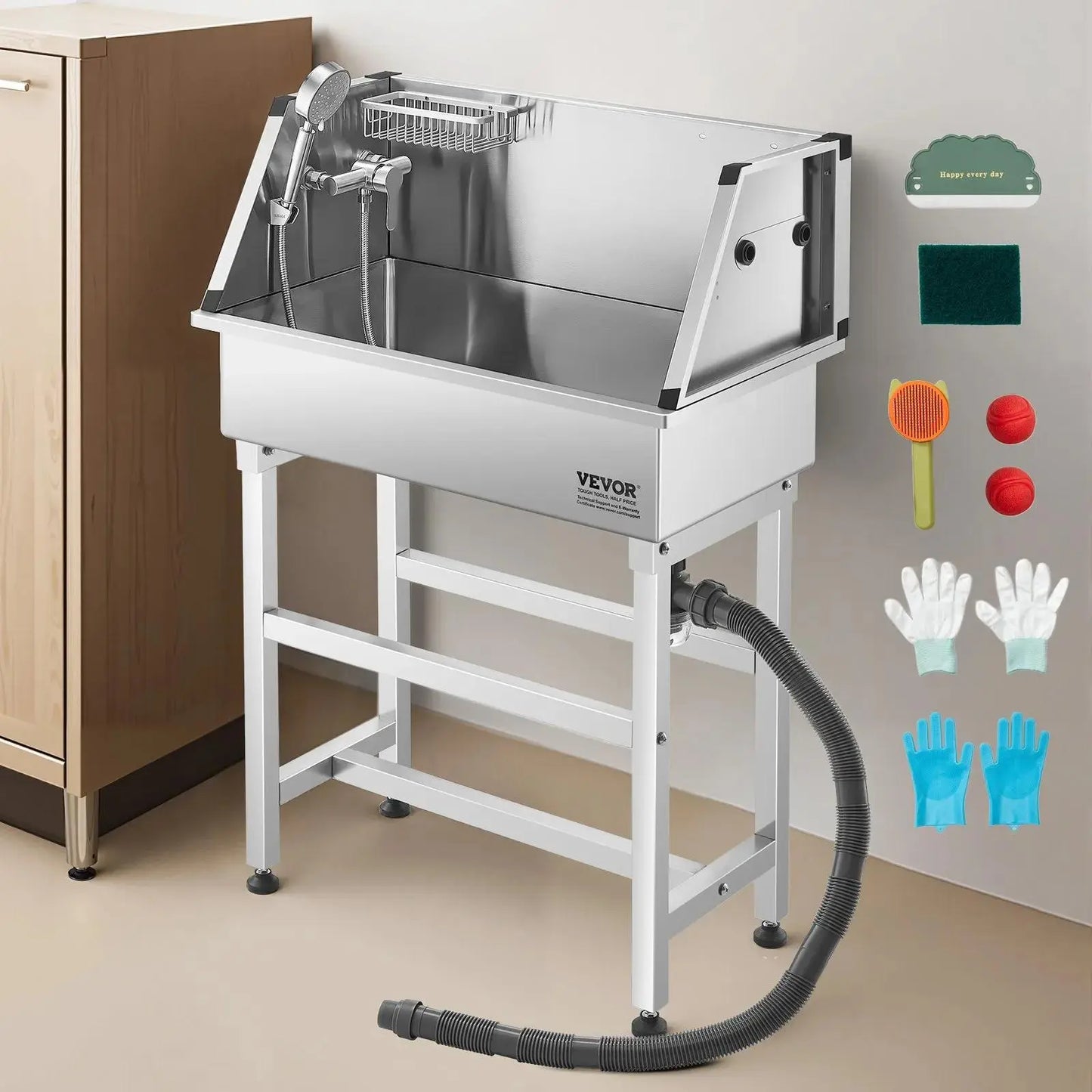 Vevor 34-Inch Stainless Steel Dog Washing Station - All-In-One Pet Grooming Tub with Hot & Cold Faucet, Showerhead, and Storage Rack for Easy Bathing at Home! Perfect for Small Dogs and Cats!