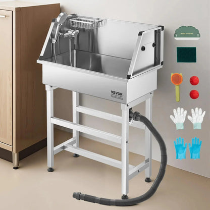 Vevor 34-Inch Stainless Steel Dog Washing Station - All-In-One Pet Grooming Tub with Hot & Cold Faucet, Showerhead, and Storage Rack for Easy Bathing at Home! Perfect for Small Dogs and Cats!