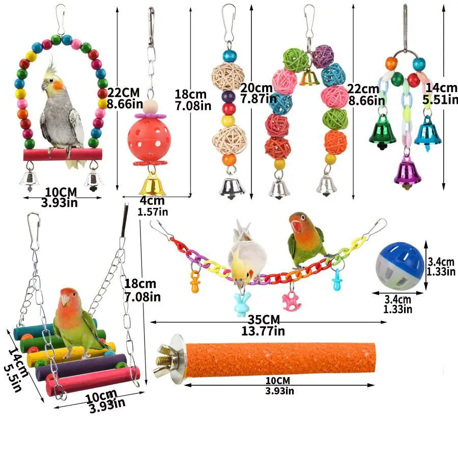 Vibrant Parrot Playtime Set - 13 Fun Bird Toys Including Swing, Perch, Bell & Hammock - Perfect for Parakeets!