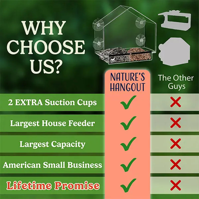 Nature's Hangout Acrylic Window Bird Feeder - Ultimate Bird Watching Experience with Suction Cups & Removable Tray