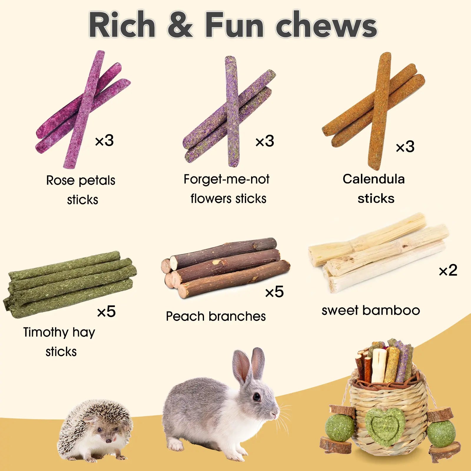 Delightful Rabbit Chew Toys Basket with Sweet Bamboo & Timothy Hay - Perfect for Bunnies, Chinchillas, Guinea Pigs, Hamsters, and Rats!