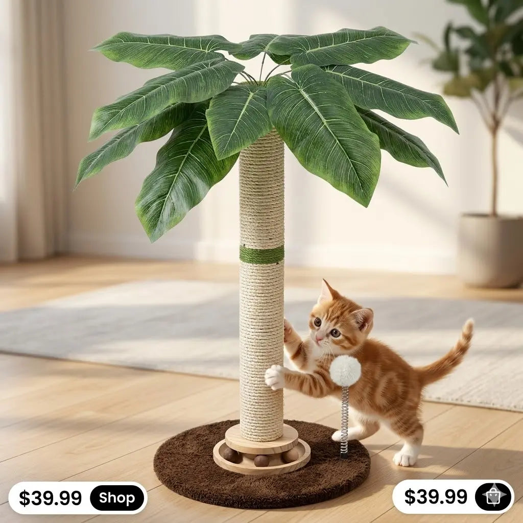 Tropical Leaf Cat Scratching Post - 28” Natural Sisal Rope & Solid Wood, Adorable Cat Tree with Dangling Toy for Safe Indoor Scratching for Kittens & Adults