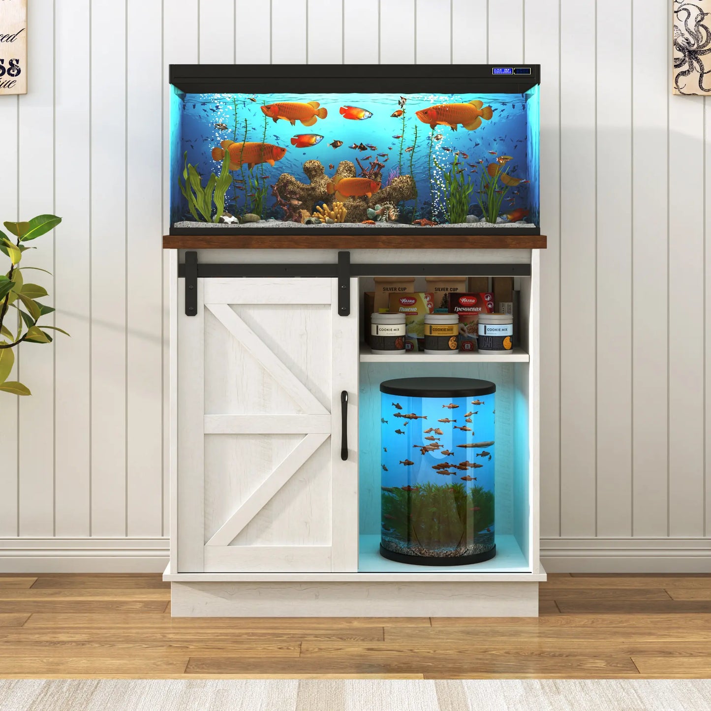 Stylish Farmhouse Aquarium Stand with Power Outlet - Heavy Duty 20 to 120 Gallon Fish Tank & Reptile Tank Cabinet with Sliding Barn Door in White, Grey, or Black