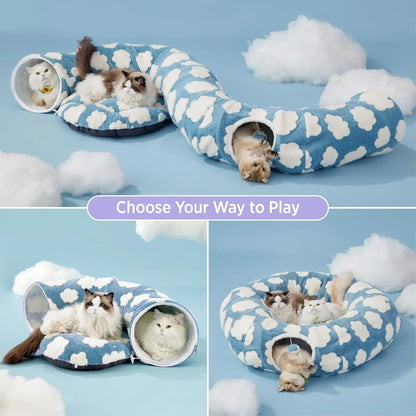 Cozy Cute Pet Tunnel Bed with Blanket - Plush Peek-A-Boo Cave for Dogs & Cats of All Sizes