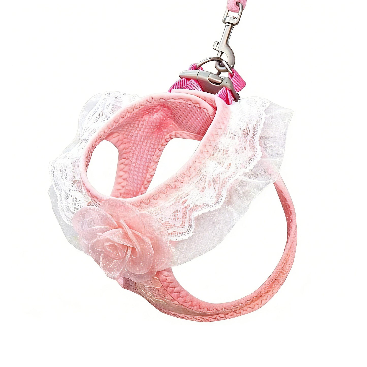 Chic Pink Lace Harness & Leash Set for Small Pets - Floral Vest-Style Design, Ideal for Dogs & Cats, Perfect for Stylish Walks!