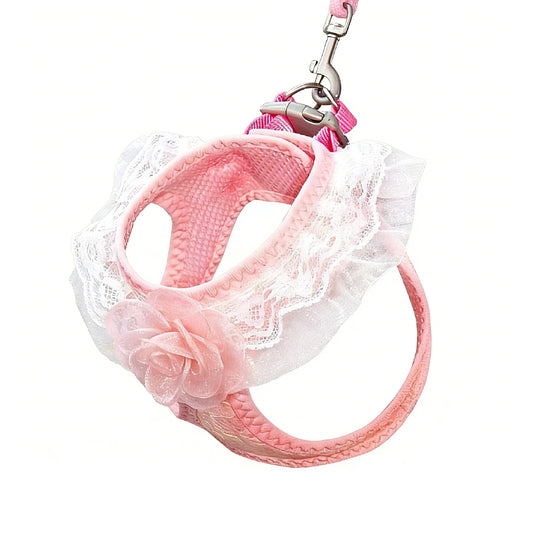 Chic Pink Lace Harness & Leash Set for Small Pets - Floral Vest-Style Design, Ideal for Dogs & Cats, Perfect for Stylish Walks!