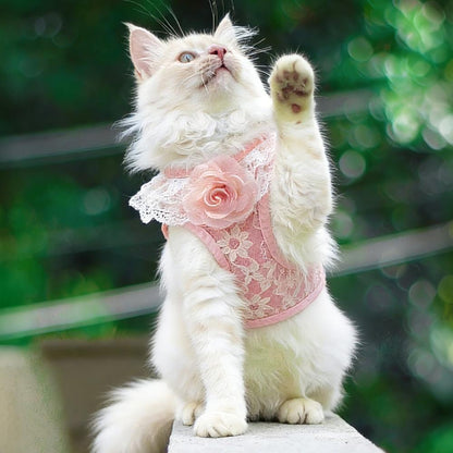 Chic Pink Lace Harness & Leash Set for Small Pets - Floral Vest-Style Design, Ideal for Dogs & Cats, Perfect for Stylish Walks!